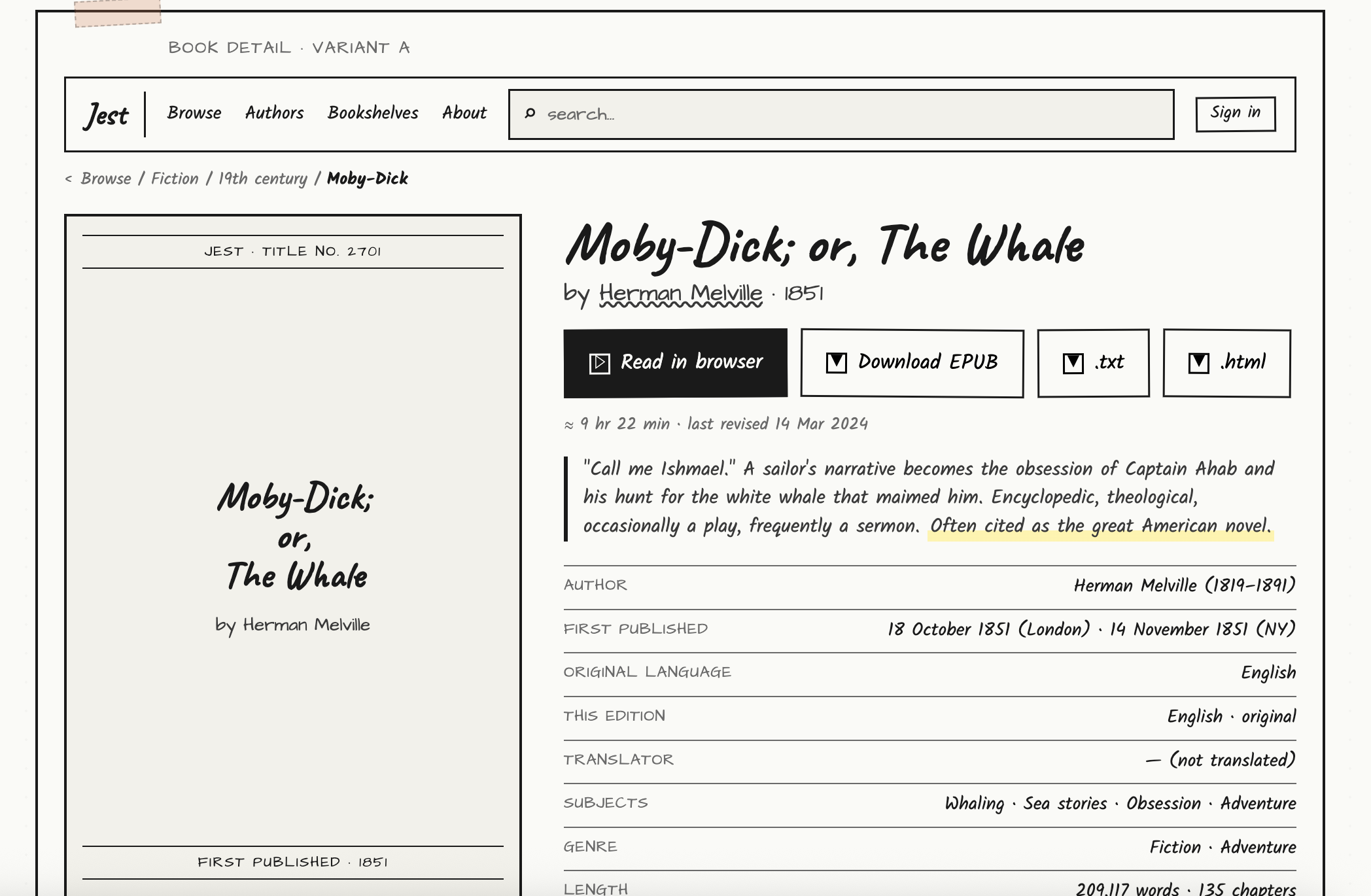Jest book page wireframe