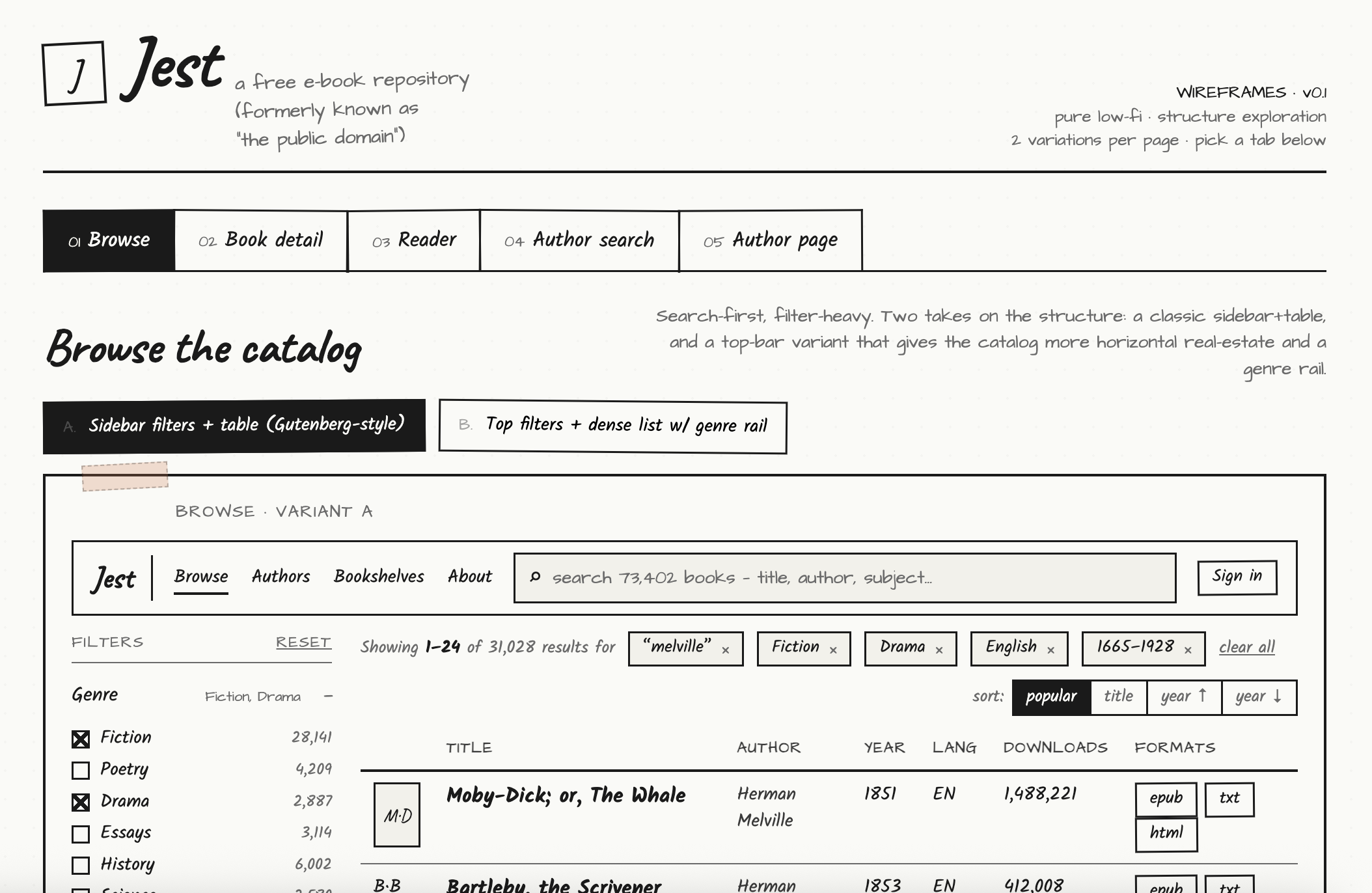 Jest browse books wireframe