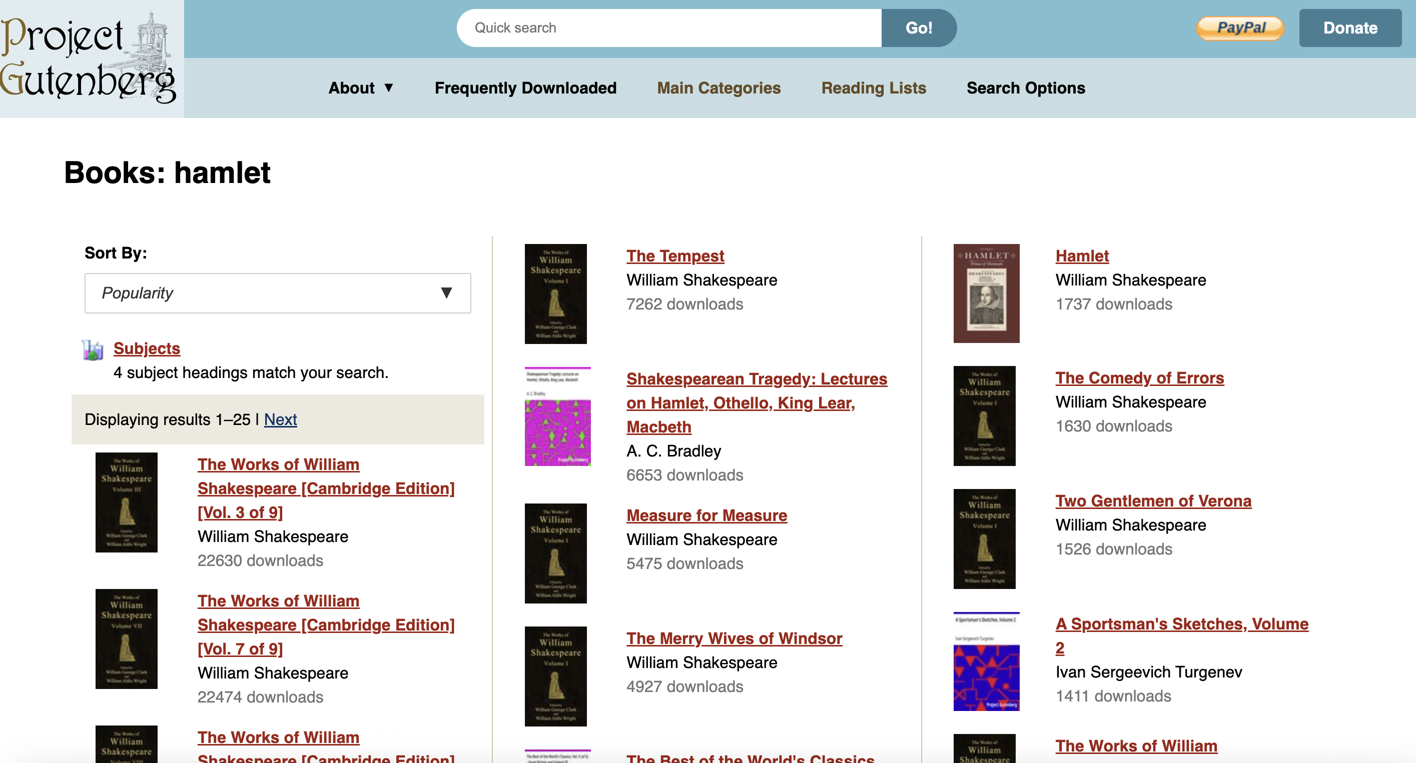 Project Gutenberg Hamlet search results